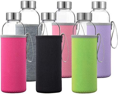Glass Water Bottles 6 Pack Deluxe Set 18oz - Includes 6 Sleeves. Stainless Steel Lids - Kombucha,... | Amazon (US)