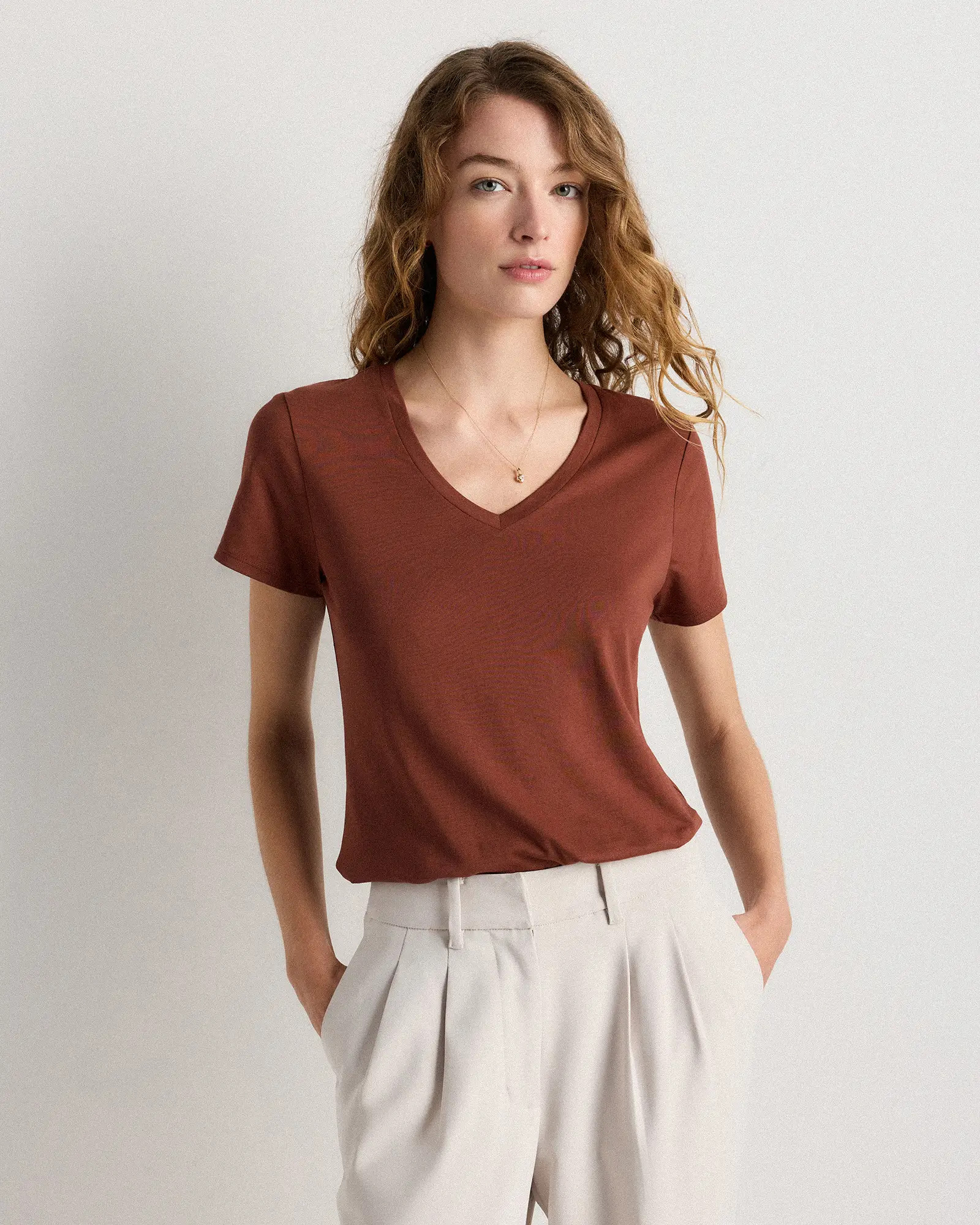 Cotton Modal V-Neck Tee in Redwood Brown | Quince