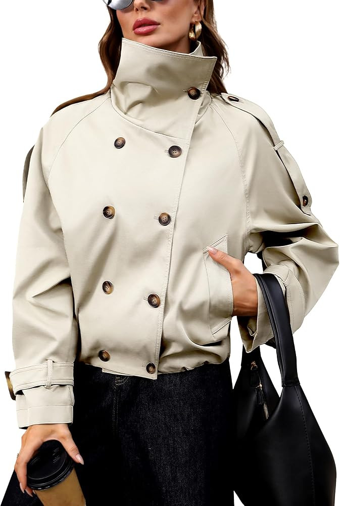 ELLEVEN Cropped Trench Coat for Women Funnel Neck Coats with Pocket | Amazon (US)