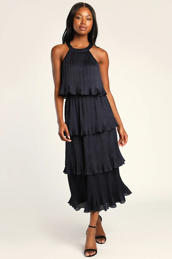 Tier and Far Navy Blue Tiered Pleated Halter Midi Dress | Lulus (US)