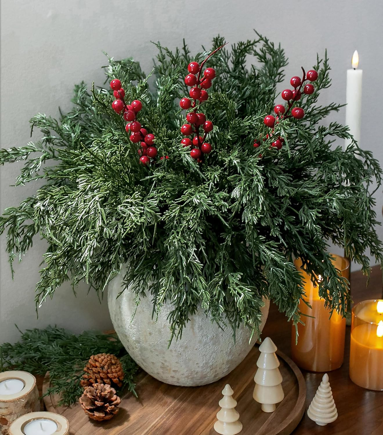 Cedar Stems Artificial Norfolk Pine Branches for Christmas Decor, 12 PCS Fake Pine Stems with 3 PCS Red Berries Branches Realistic Fake Plants Faux Greenery for Vases DIY Garland Xmas Table Indoor | Amazon (US)