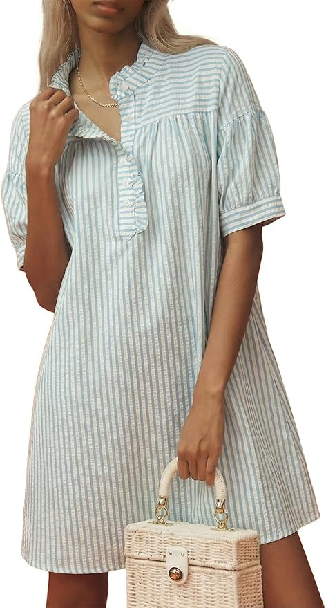 BLENCOT Summer Dresses for Women Puff Sleeve Striped Button Mini Dress | Dressy Casual Dresses, W... | Amazon (US)