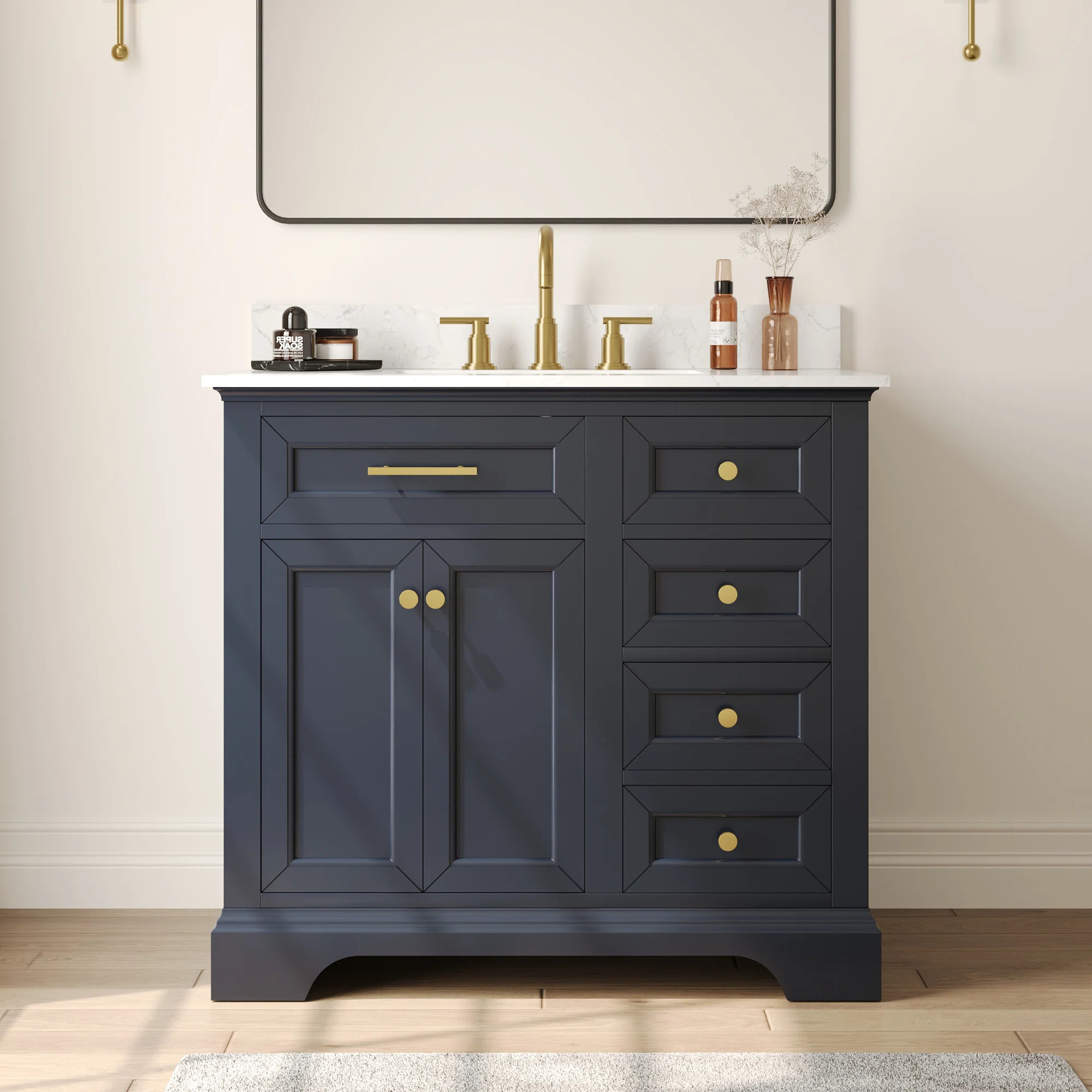 36'' Bathroom Vanity Ceramic Sink Top with Backsplash, Fully Assembled Bathroom Cabinet Navy Blue | Wayfair North America