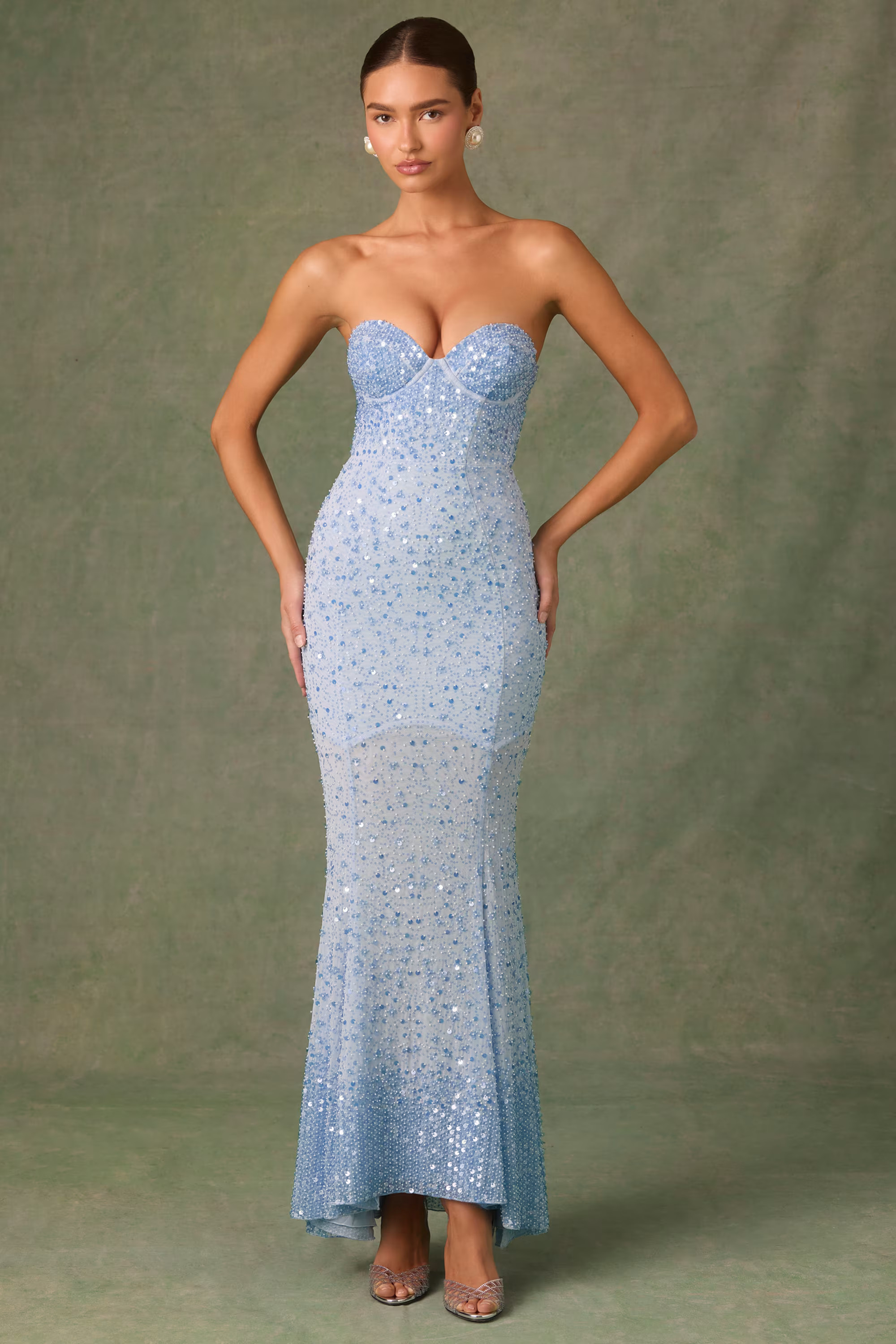 Embellished Sweetheart-Neck Fishtail Gown in Sky Blue | Oh Polly