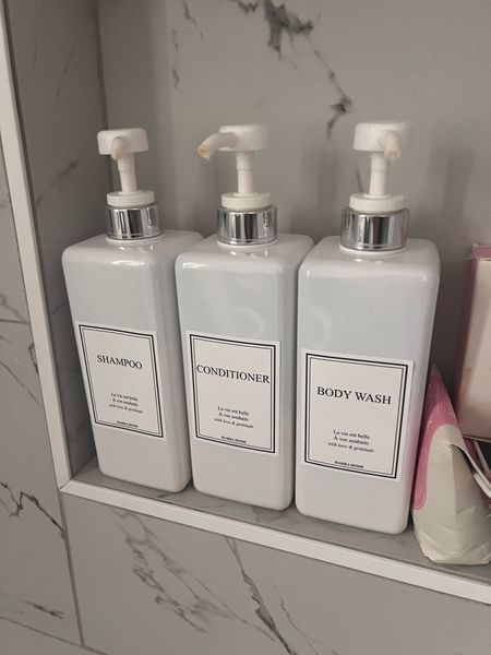 My bathroom pumps for guests is so clean and chic! Shampoo container with pumps, conditioner container with pumps, lotion container with pumps. 



#LTKSaleAlert #LTKHome #LTKFindsUnder50