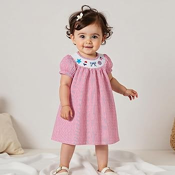 Adobabirl Toddler Baby Girl 4th of July Smocked Dress Puff Sleeve American Flag Embroidery Stripe... | Amazon (US)