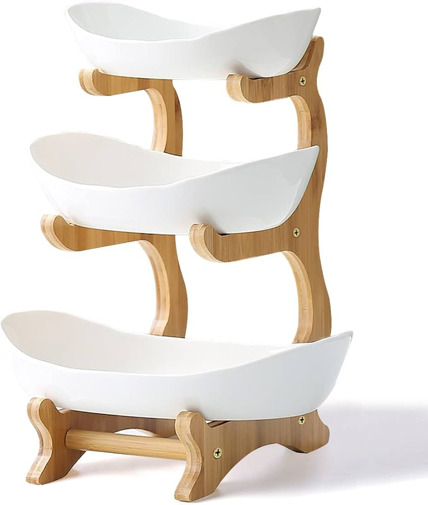 Large 3 Tier Ceramic Fruit Bowl With Bamboo Wood Stand for Kitchen Counter,Porcelain Fruit Basket... | Amazon (US)