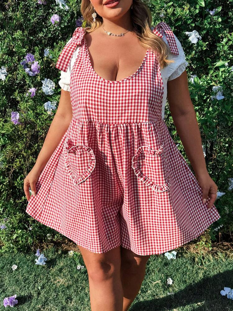 SHEIN SunnyBelle Plus Size Boho Fashionable Red Cute Heart-Shaped Romper, Suitable For Summer, Campus Style, Beach, Vacation, Stylish, Adorable, Casual, Pocket Design, Extremely Cute | SHEIN