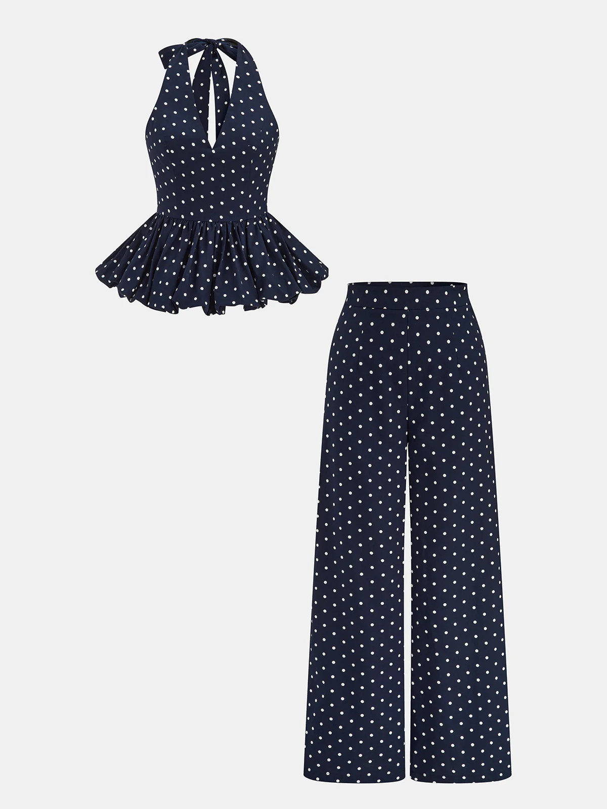 Linen Blend Polka Dot Peplum Top & Pants Set | Commense