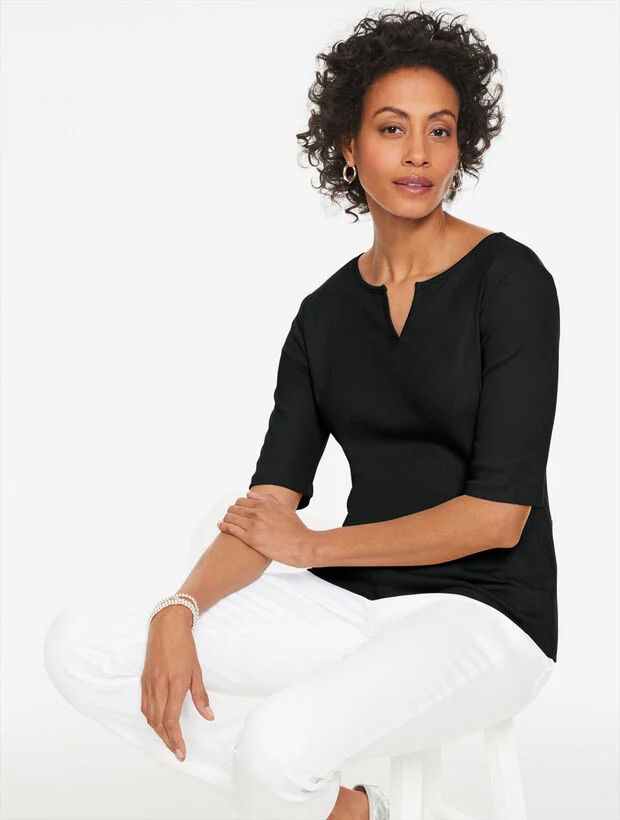 Elbow Sleeve Split Neck Tee | Talbots