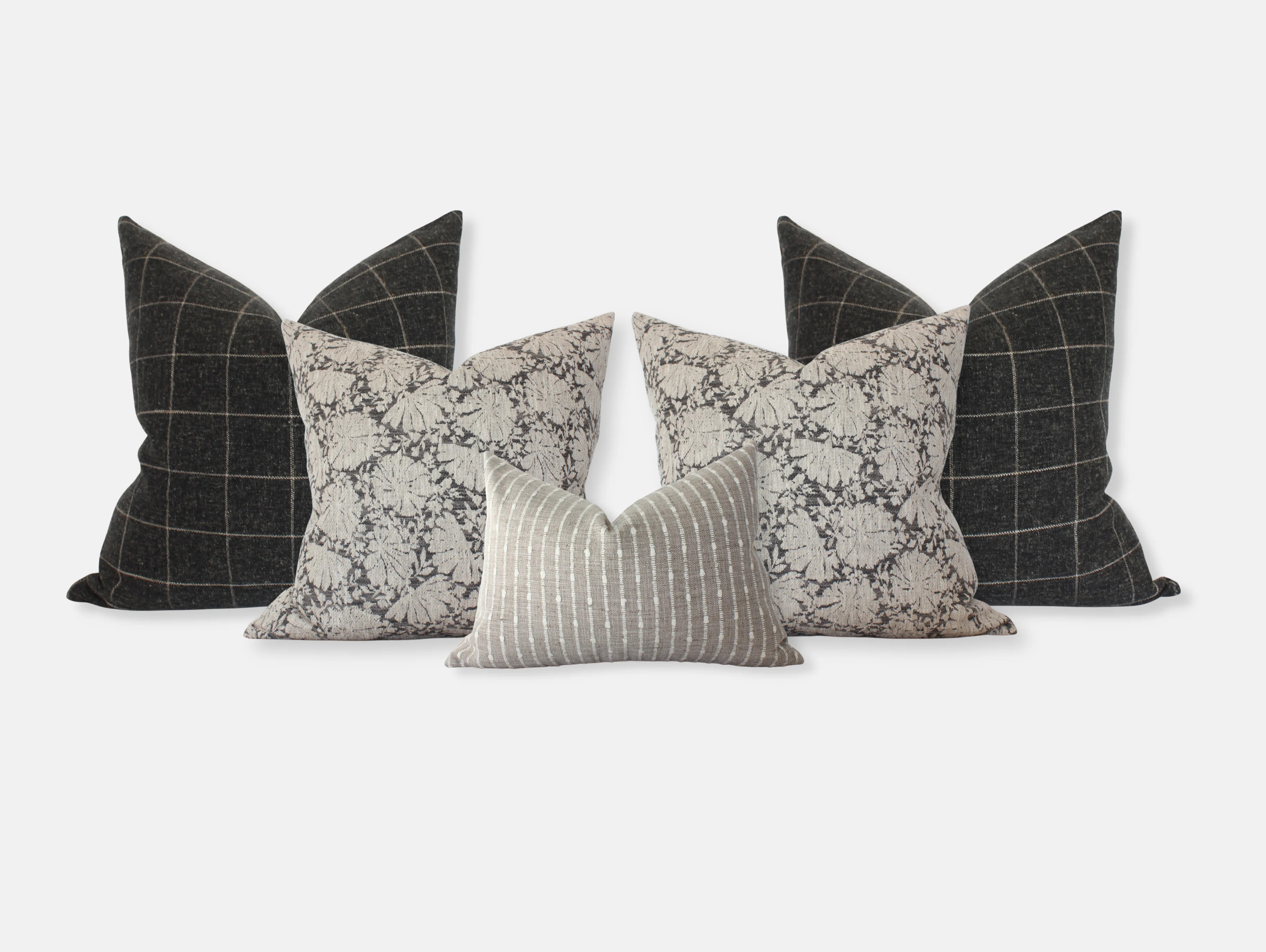 Neutral Bedroom Pillow Set, Dark Gray Floral And Plaid Cushion Covers | Wayfair North America