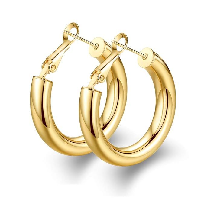 wowshow Howllow 14K Gold Plated Thick Chunky Gold Hoop Earrings Clip-on for Women 25mm-60mm | Amazon (US)