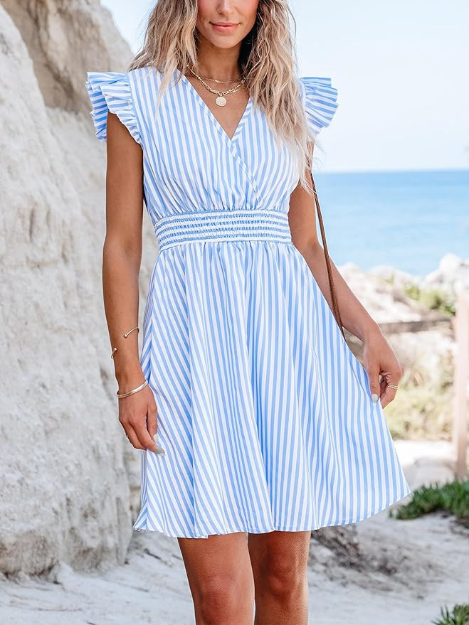 CUPSHE Women's Mini Dress V Neck Flutter Sleeve Striped Smocked Waist A Line Short Summer Cocktai... | Amazon (US)