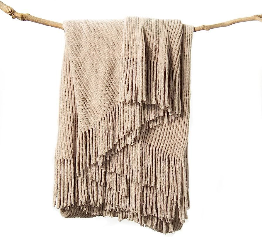 lifein Fall Beige Throw Blanket for Couch - Soft Knit Farmhouse Chenille Boho Throw,Cozy Knitted ... | Amazon (US)