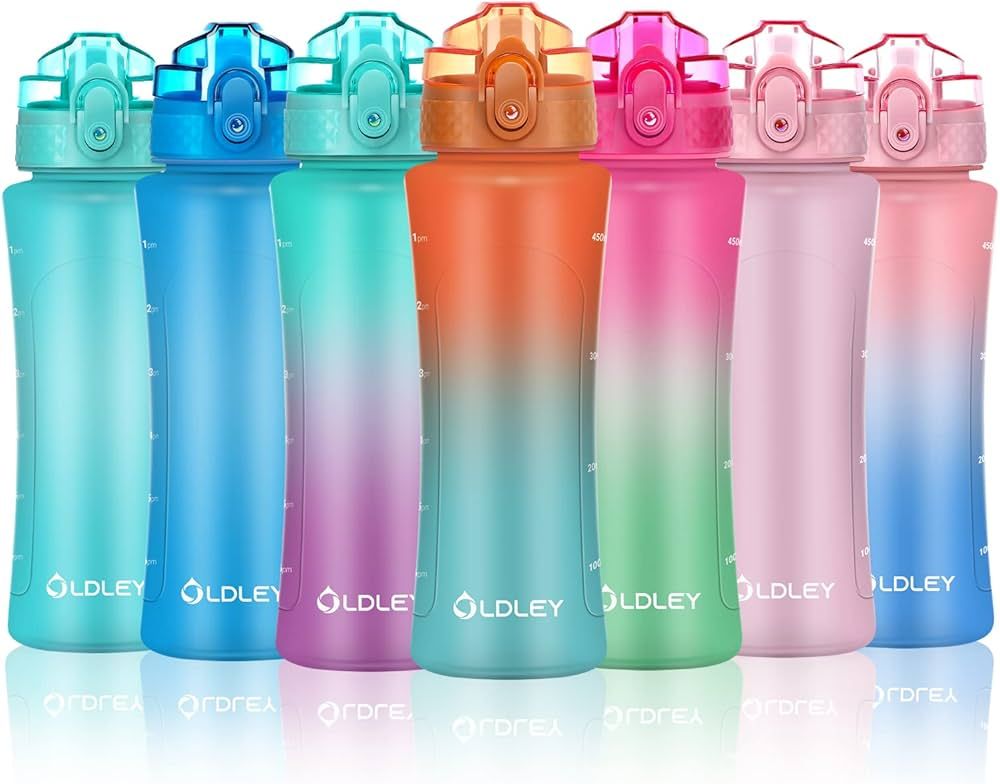 OLDLEY Kids Water Bottle with Straw 15 oz BPA-Free Leak-Proof Motivational Water Bottles with Tim... | Amazon (US)