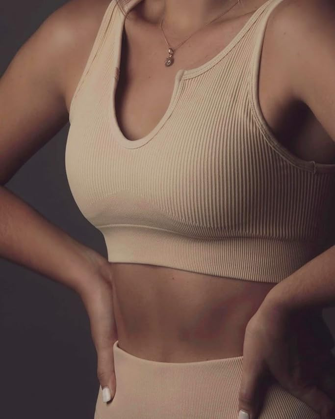YVYVLOLO Workout Sets for Women 2 Piece Seamless Ribbed Sports Bra High Waist Yoga Shorts Outfits | Amazon (US)