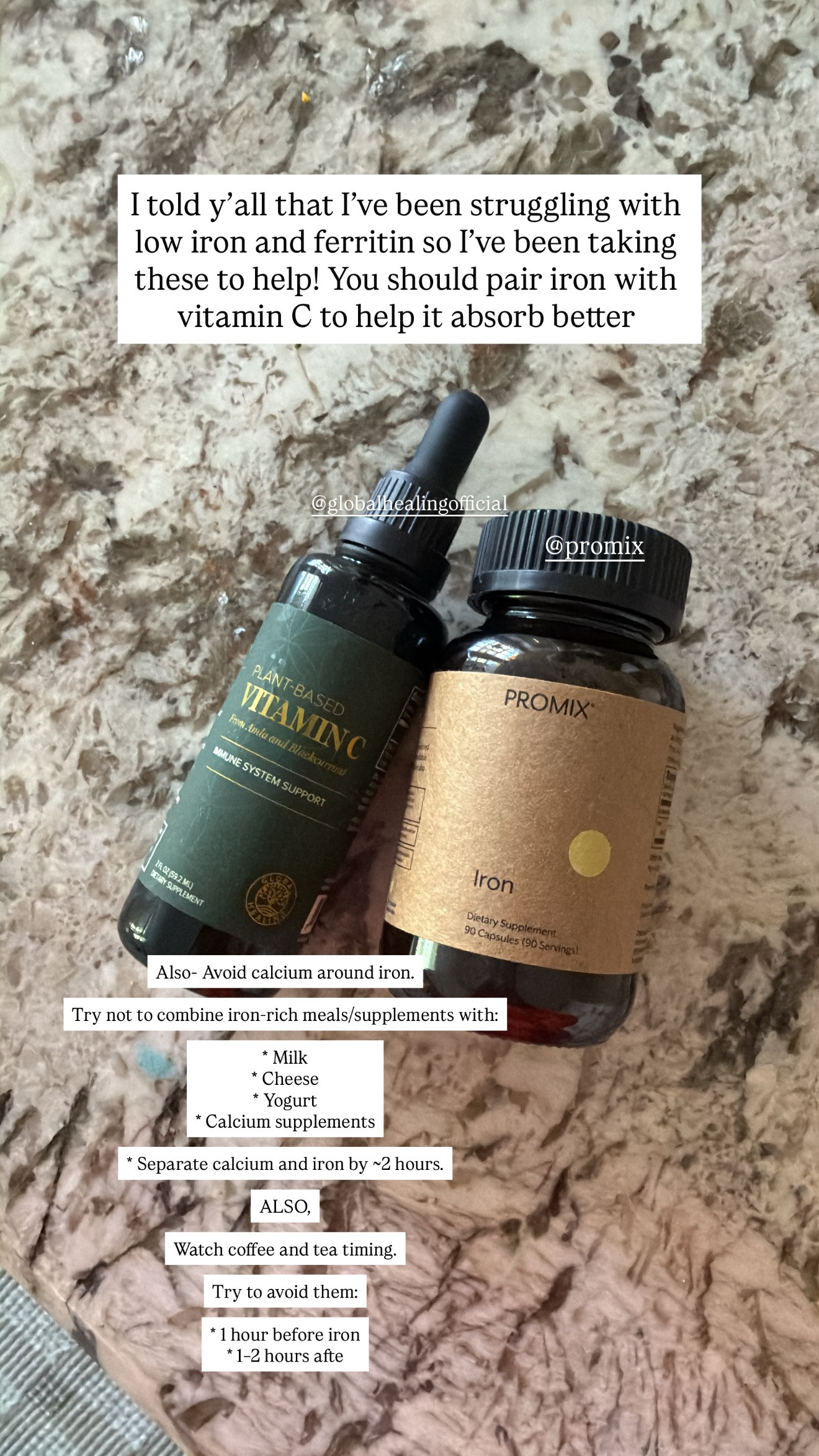 I told y'all that I've been struggling with low iron and ferritin so I've been taking these to help! You should pair iron with vitamin C to help it absorb better.

Also- Avoid calcium around iron.

Try not to combine iron-rich meals/supplements with:
* Milk
* Cheese
* Yogurt
* Calcium supplements

* Separate calcium and iron by ~2 hours.

ALSO, watch coffee and tea timing.

Try to avoid them:
* 1 hour before iron
* 1-2 hours after

#LTKdayinmylife #LTKselfcare #LTKmorningroutine