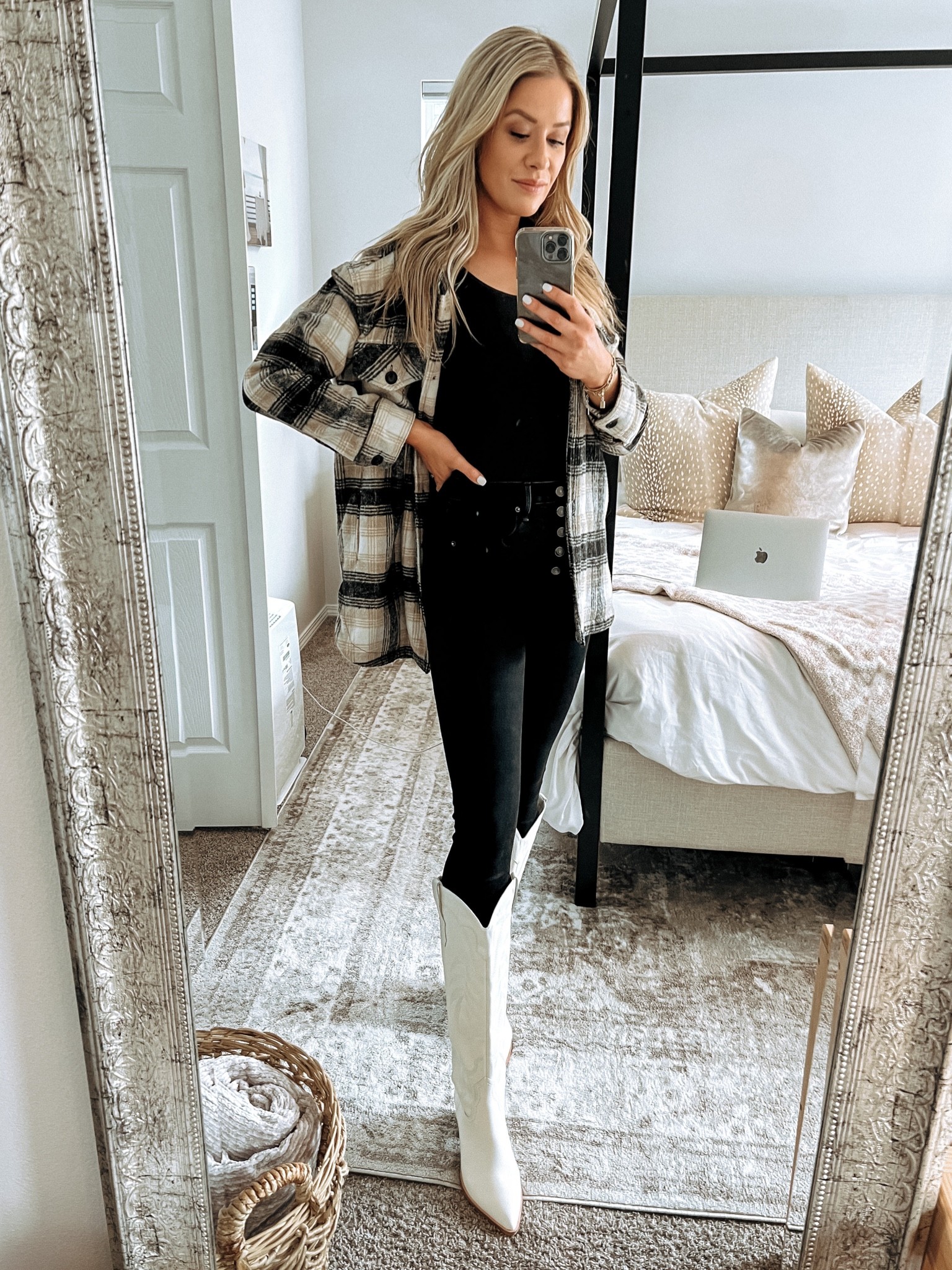 Wore this fall outfit today and love it so much! Plaid shacket, or shirt jacket, black bodysuit, black jeans, white cowgirl boots, white boots 🍂 my exact shacket is sold out, but I’ve linked some super similar ones, as well as jeans because there are only a couple sizes left 🤍

#LTKshoecrush #LTKunder100 #LTKSeasonal