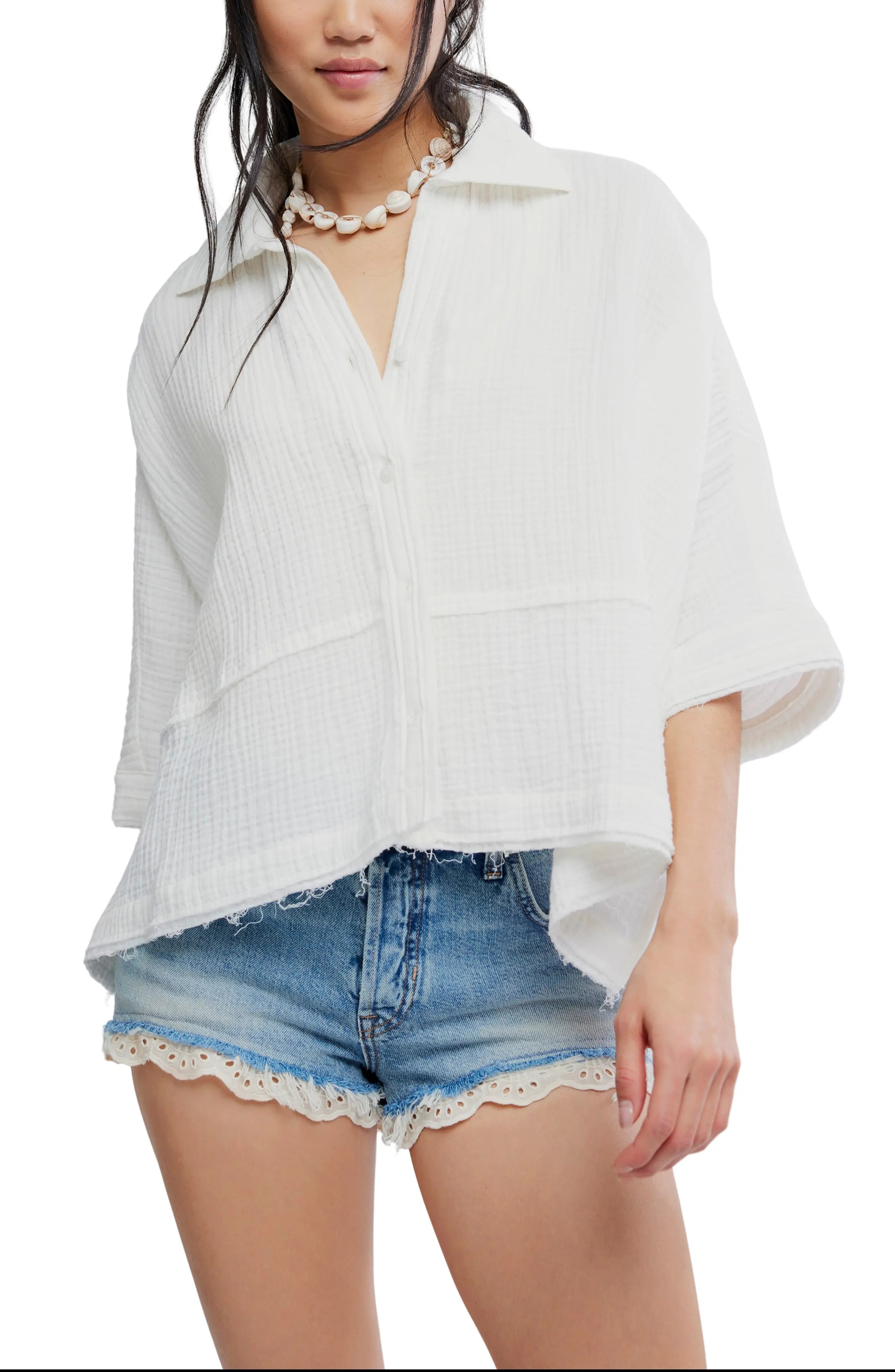 Free People Happy Days Oversized Cotton Gauze Button-Up Top in Iceland Poppy at Nordstrom, Size Small | Nordstrom