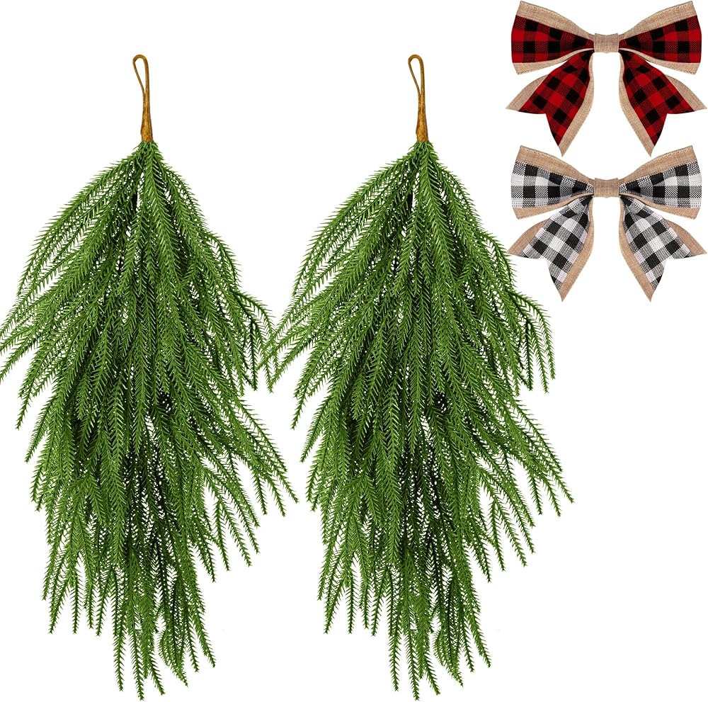2 Pcs Artificial Christmas Teardrop Swag with Plaid Bow- 28" Faux Pine Needles Teardrop Door Swag... | Amazon (US)