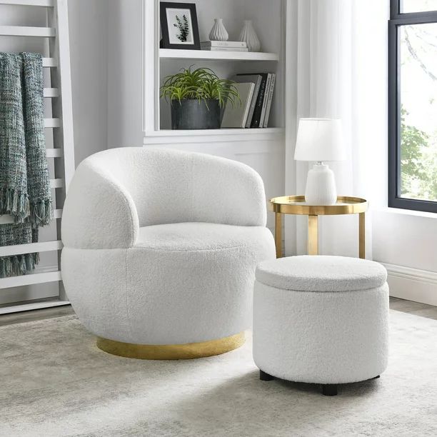 360 Degree Swivel Barrel Chair with Storage Ottoman, Teddy Fabric Round Accent Sofa Chair with Go... | Walmart (US)