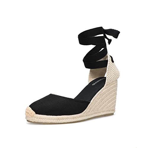 TONIVIS Women’s Platform Wedges Espadrilles, 3" Wedge, Soft Ankle-Tie Strap, Closed Toe, Classic Summer Sandals black 10 Size | Amazon (US)