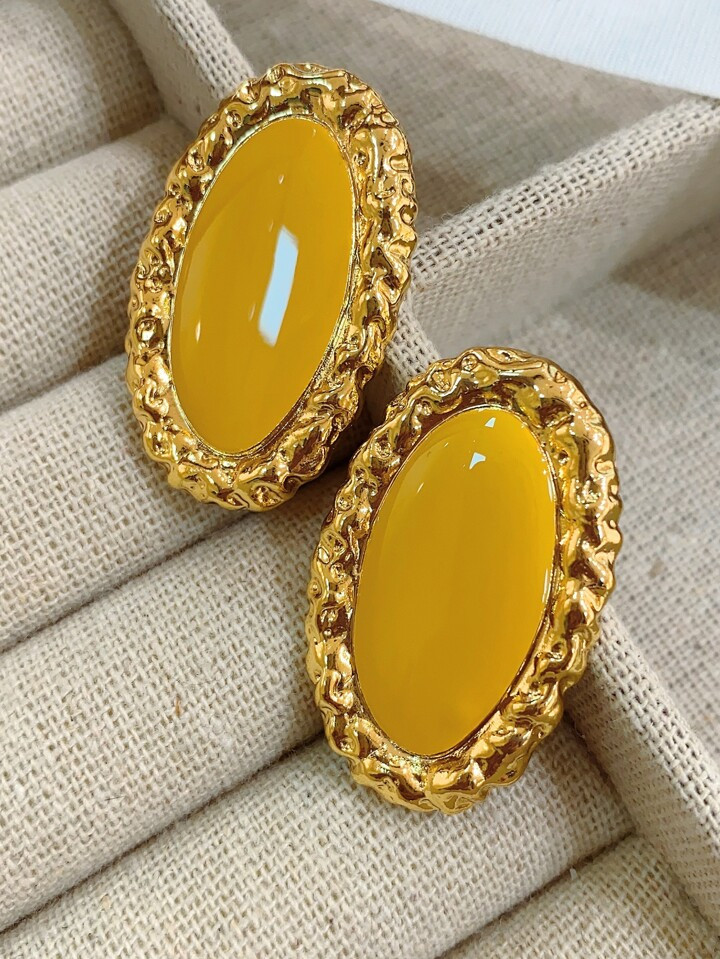 Uncommon Design Geometric Ellipse Shape Turmeric Dripping Glaze Earrings With 925 Silver Twisted Thread Accents | SHEIN