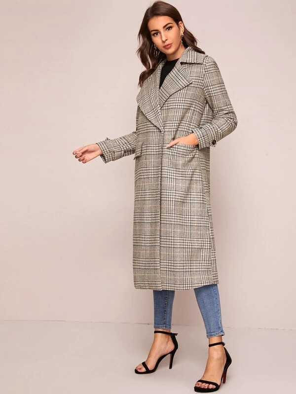SHEIN Notched Collar Double Breasted Plaid Coat | SHEIN