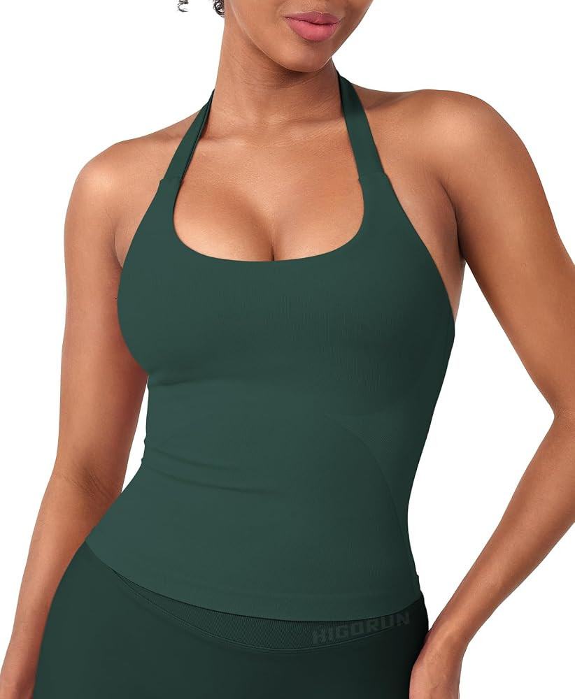 HIGORUN Women Halter Impact Tank Tops with Built in Bras Longline Crop Top | Amazon (US)