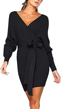 Zonsaoja Women's Sweater Dress Sexy V Neck Long Sleeve Backless Wrap Knitted Mini Dresses | Amazon (US)