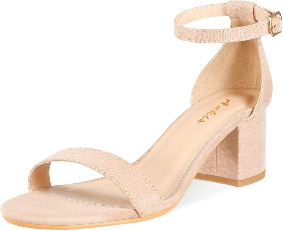 Ankis Nude Silver Black Heels Women's Open Toe Ankle Strap Block Chunky Low Heeled Sandal Comfort... | Amazon (US)