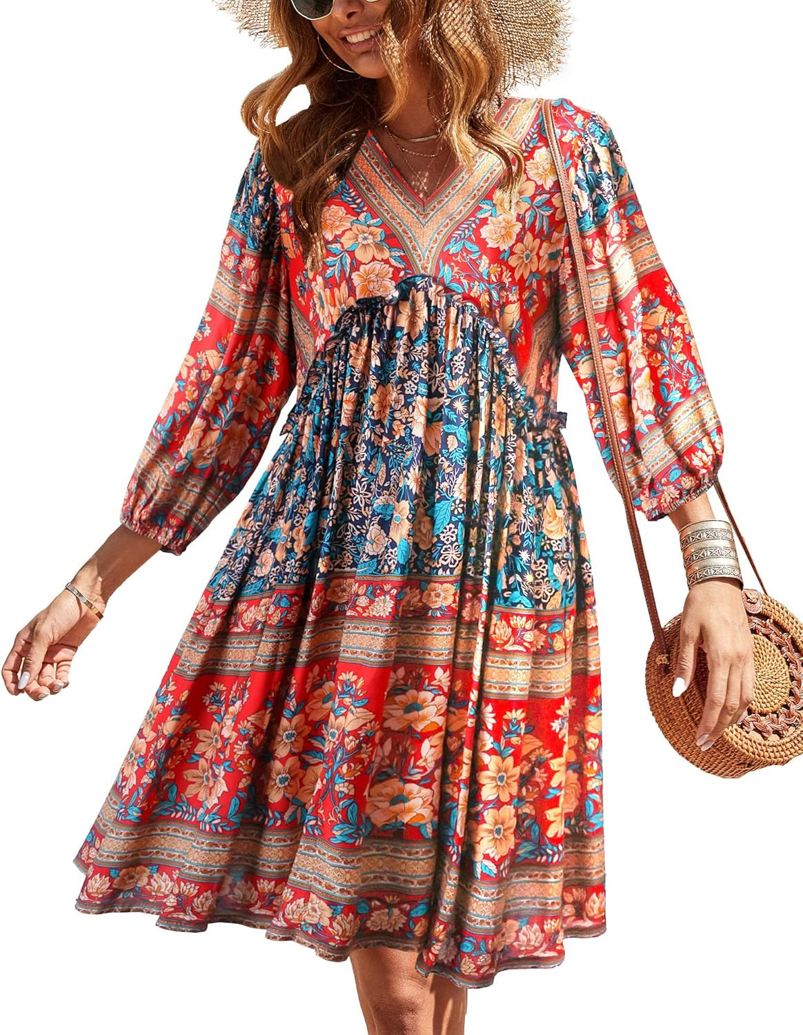 BTFBM Women Casual Spring Summer Dresses V Neck 3/4 Long Sleeve Ruffle Floral Flowy Boho Babydoll... | Amazon (US)