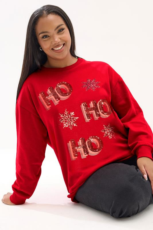 YOURS Plus Size Red Sequin 'Ho Ho Ho' Sweatshirt | Yours Clothing UK