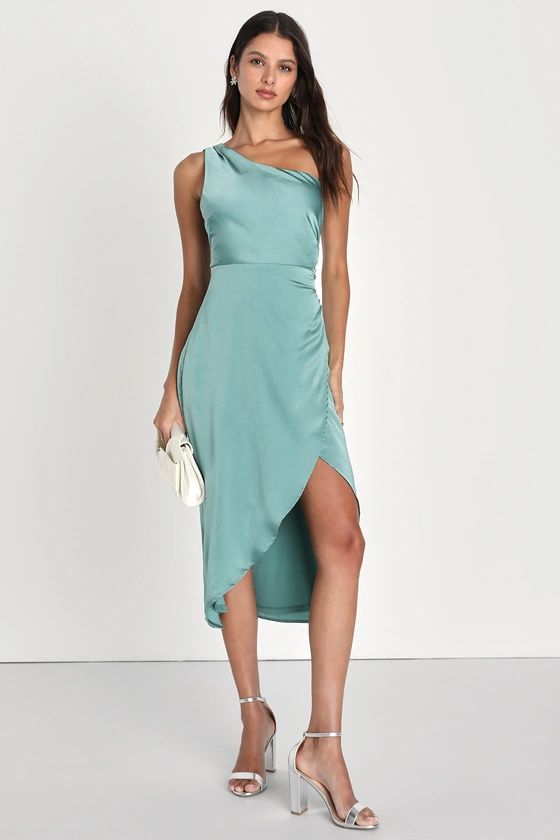 Aesthetic of Elegance Dark Sage Ruched One-Shoulder Midi Dress | Lulus (US)