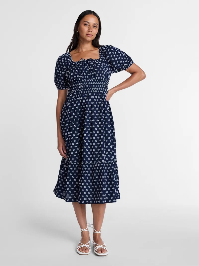 Time and Tru Women's Square Neck Cotton Midi Dress with Puff Sleeves, Sizes XS-XXXL | Walmart (US)