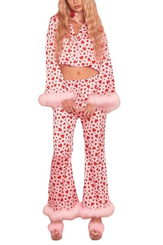 Faretumiya Womens Valentine's Day Pajama Set Feather Trim Long Sleeve Shirt Matching Pants 2 Piece Pink Heart Print Sleepwear（A1 pink，X-Large） | Amazon (US)