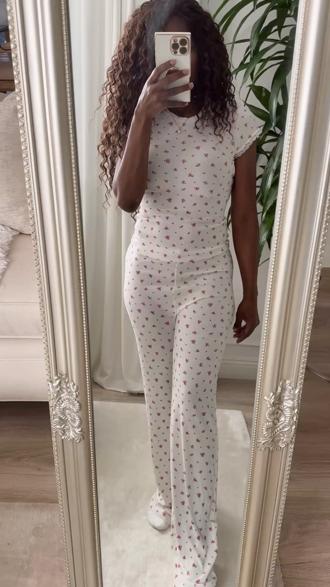 Skims Lounge wear Pink and white floral pajamas set. Its almost sold out  better hurry. i’m wearing a size large top and a large pant. But they run big. The material is stretchy. Feminine clothes that I love to wear around the house.

#LTKStyleTip #LTKActive #LTKSaleAlert