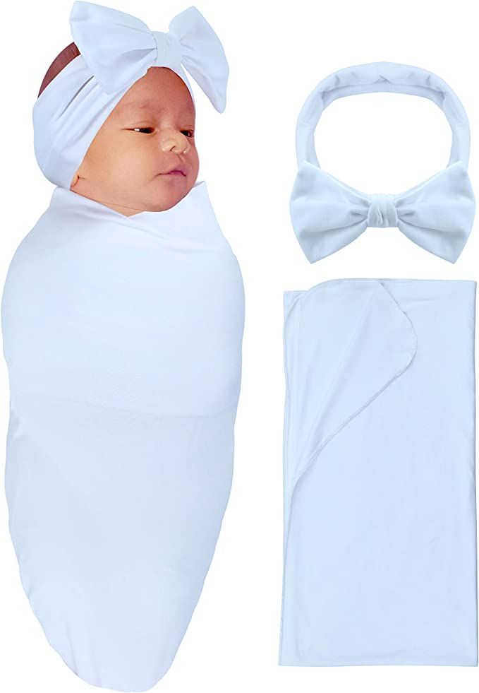 RATIVE Baby Swaddle Receiving Blankets with Headband or Cap for Unisex Newborn Baby Boy Girl | Amazon (US)