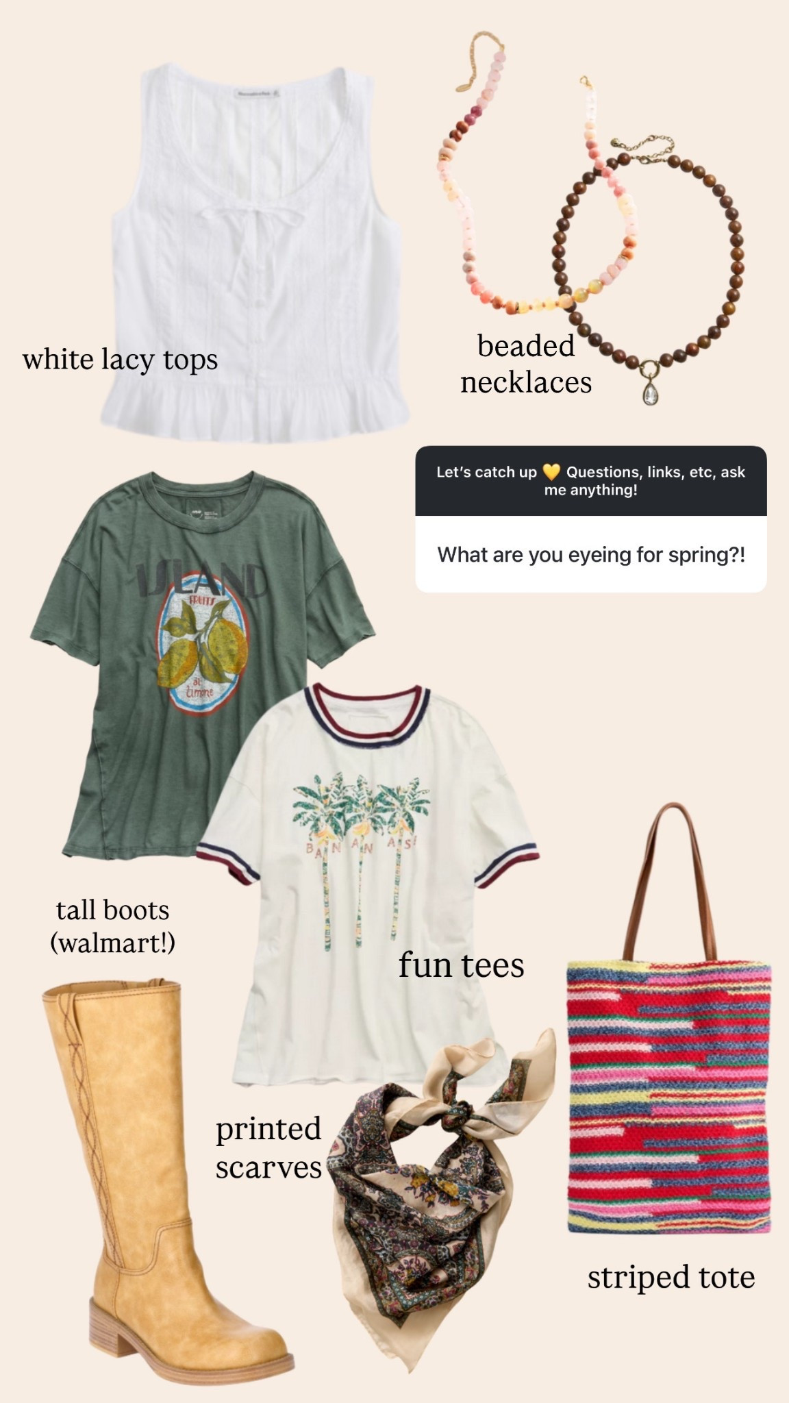 Eyeing for spring! White lace top, graphic tees, Frye campus inspired boots from Walmart, printed scarves, beaded necklaces, striped tote bag


#LTKshoes #LTKsummer #LTKstyletip