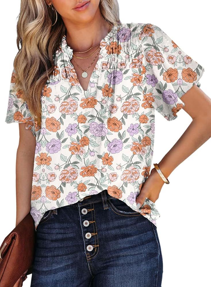 SHEWIN Women's Casual V Neck Floral Print Smocked Short Sleeve Chiffon Blouses Bohemian Top Shirt... | Amazon (US)