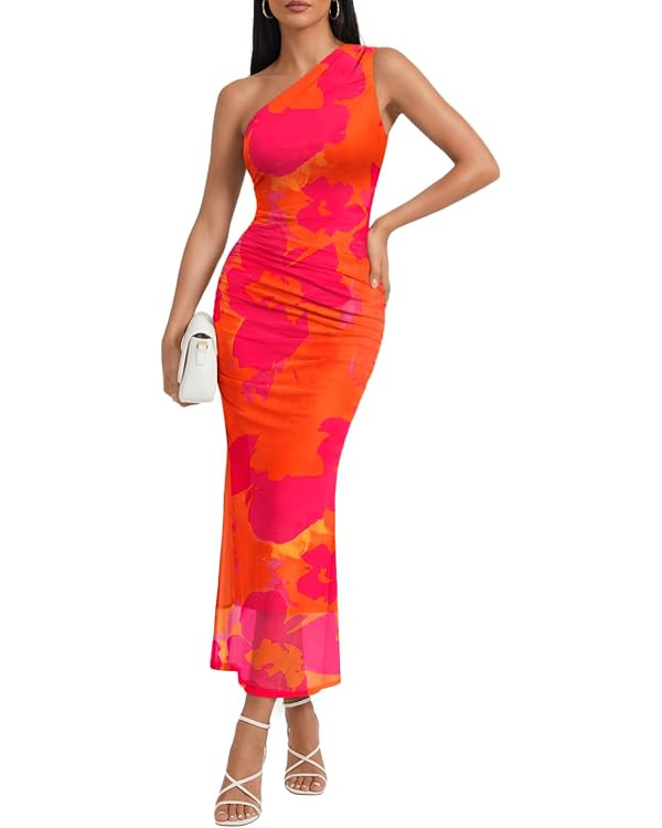 Trendy Queen Women's One Shoulder Maxi Bodycon Mesh Ruched Floral Beach Cocktail Wedding Guest Dr... | Amazon (US)