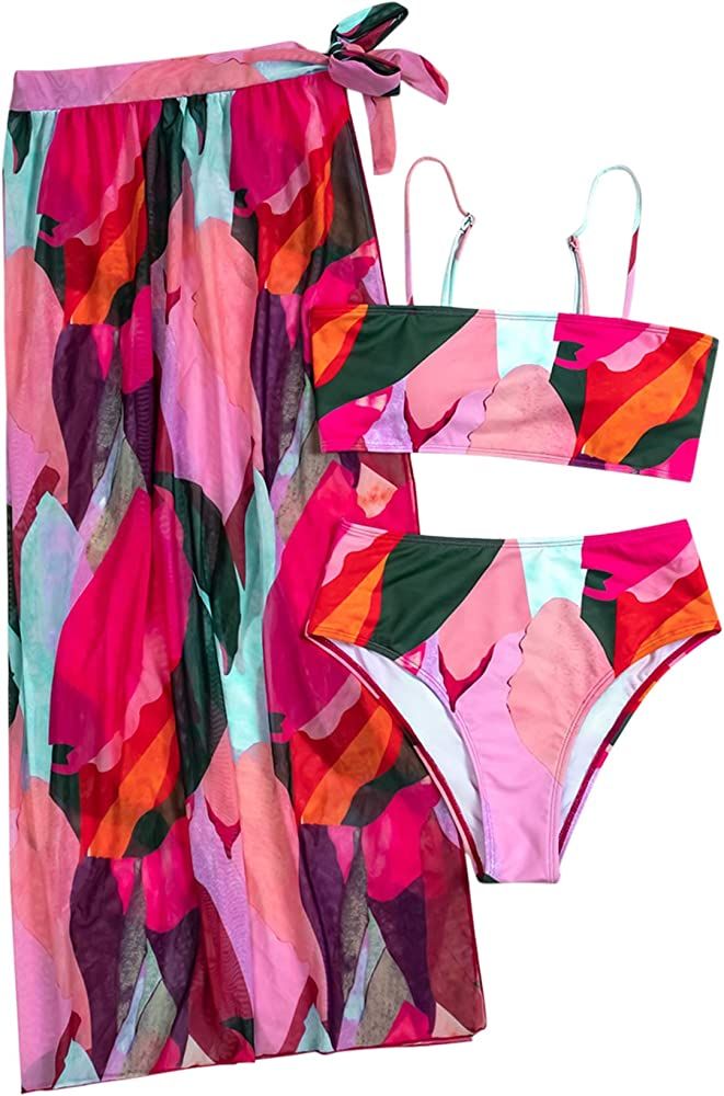 SheIn Women's 3 Pieces Graphic Bikini Swimsuit and Swimwear Cover Up Beach Skirt | Amazon (US)