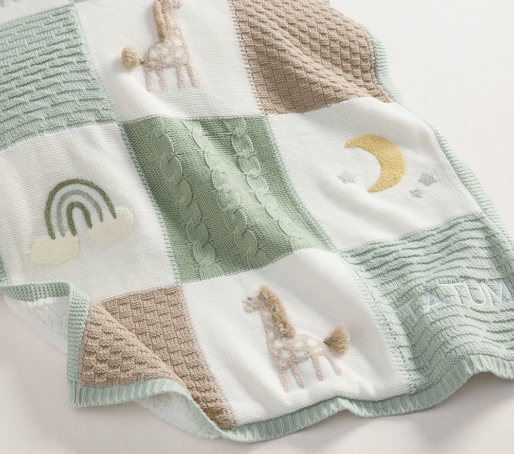 Giraffe Heirloom Sherpa-Backed Patchwork Knit Baby Blanket | Pottery Barn Kids