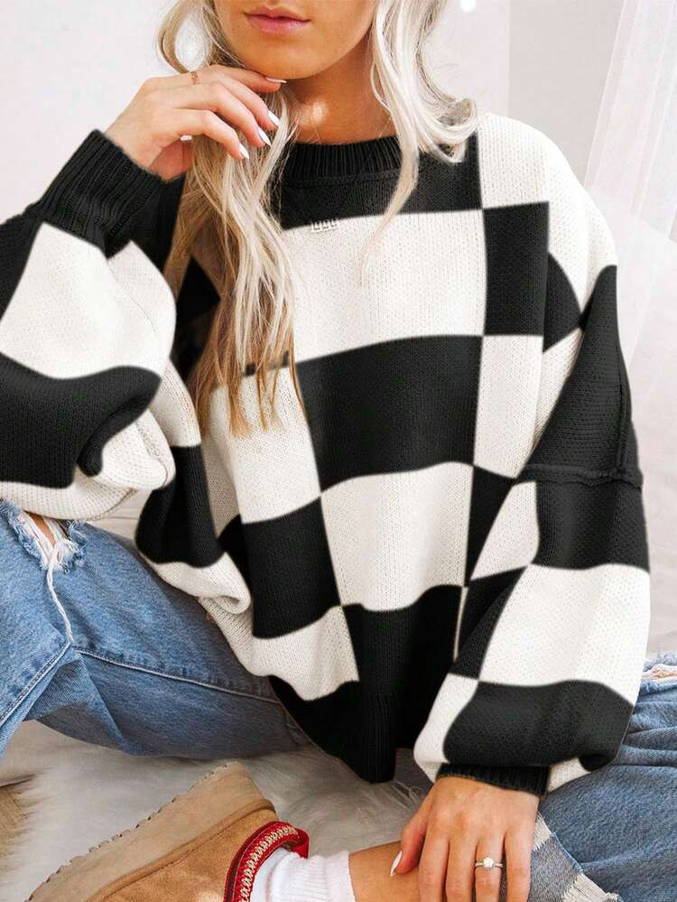 Checkered Black Bishop Sleeve Elegant Sweater,Long Sleeve Tops | SHEIN