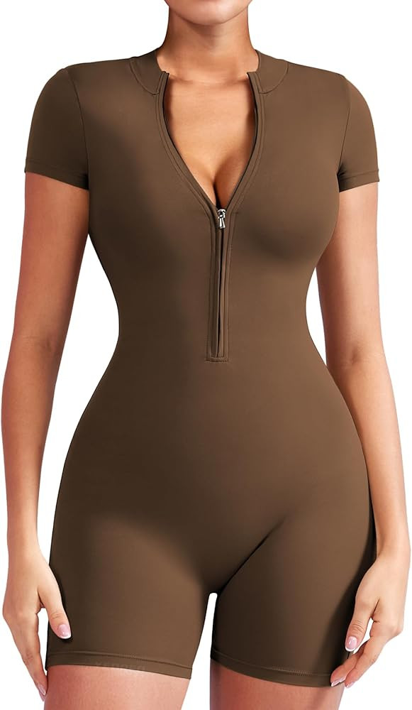 YEOREO Women Short Sleeve Workout Jumpsuit Zip Up Romper Bottom Shorts Bodysuit Bodycon Sexy One ... | Amazon (US)