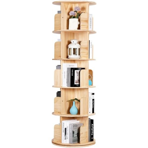 Rengue Rotating Bookshelf Tower, 5 Tiers Floor Standing Bookcase Storage Rack, 360 Display Round Spinning Bookshelf with Detachable Feet for Small Space, Bedroom, Living Room, Office | Amazon (US)