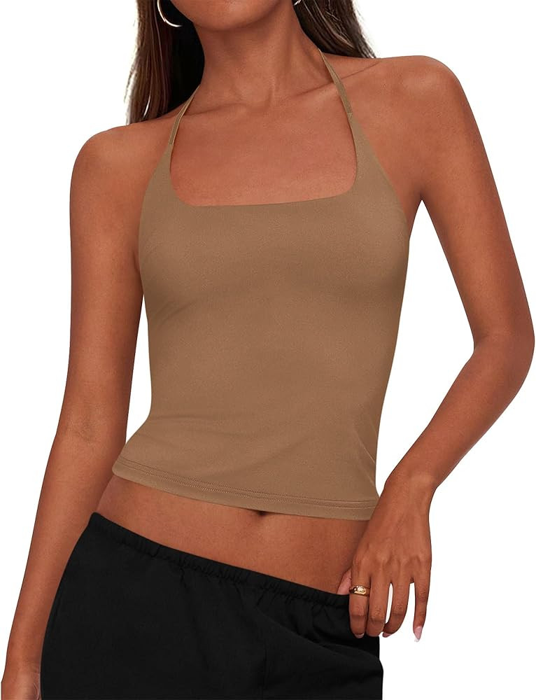 KIRUNDO Women's Halter Crop Tank Top Going Out Tops Y2k Trendy Camisole Workout Sleeveless Basic ... | Amazon (US)