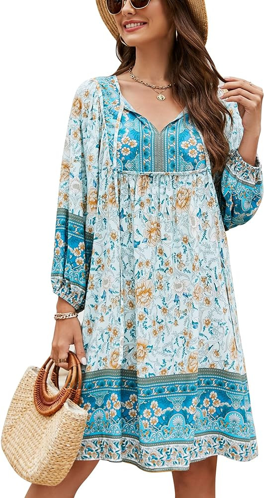 Bluetime Women Casual Summer Dress Boho V Neck 3/4 Sleeve Short Babydoll Floral Print Flowy Beach... | Amazon (US)