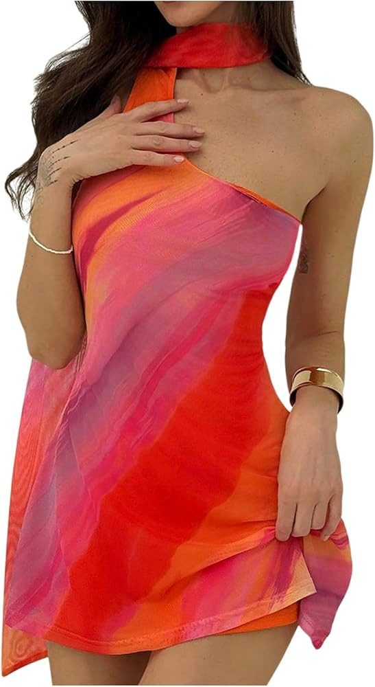 MakeMeChic Women's Summer Y2k Mini Dress Backless Vacation Dress One Shoulder Mesh Dress with Sca... | Amazon (US)