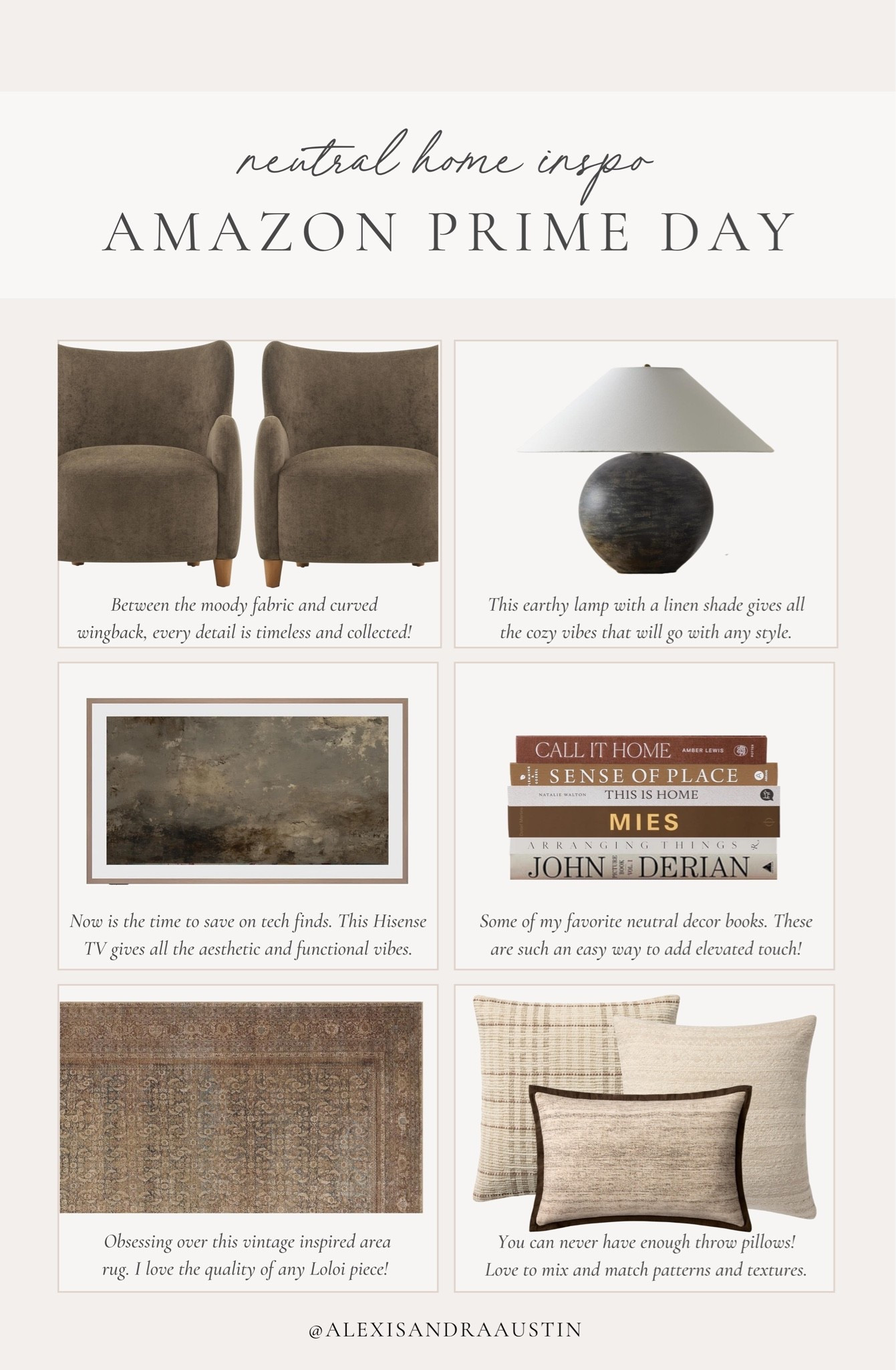 My favorite neutral inspired home favorites for Amazon Prime Day! Now is the time to save on the perfect home decor finds for your space.

Home finds, neutral home inspo, Amazon Prime Day, deal of the day, sale alert, table lamp, vintage inspired area rug, furniture favorites, summer refresh, neutral decor book, cozy throw pillow, frame TV, Loloi, Amber Lewis, Hisense, Galey Alix, collected style, shop the look!

#LTKSeasonal #LTKHome #LTKSaleAlert